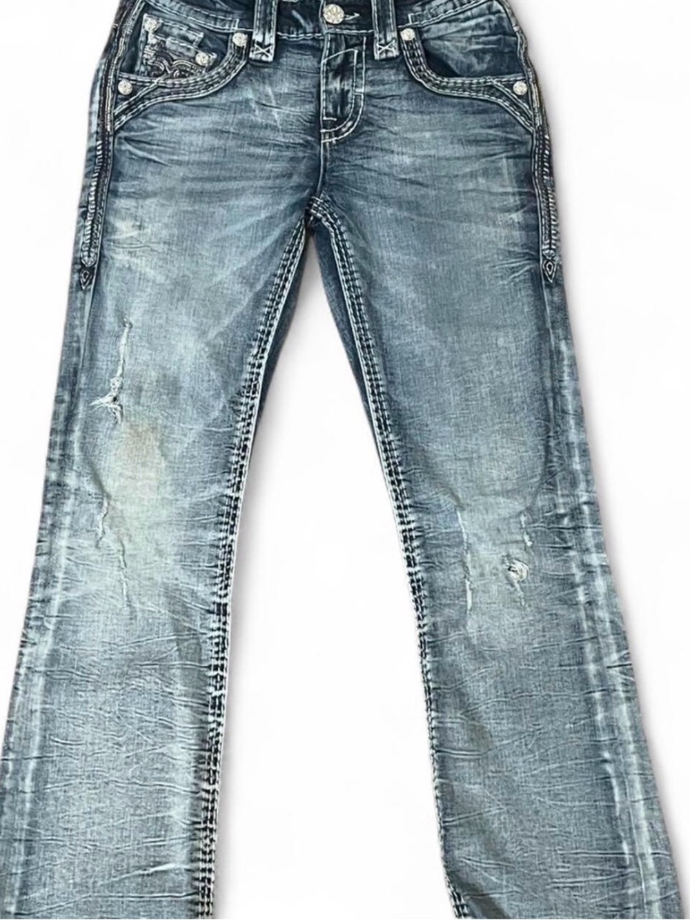Rock Revival Men's Bootcut Jeans in Distressed Light Blue Wash
